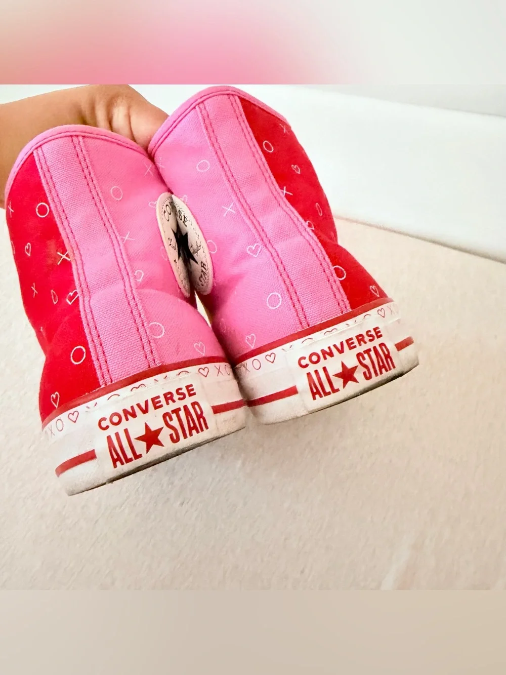 Converse high top half red , half pink “Xoxo” heart print shoes